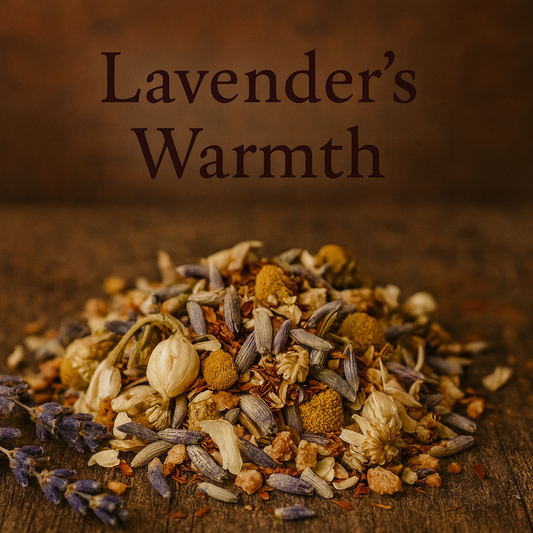 Cozy floral herbal tea photographed with rustic earth-tone elements.