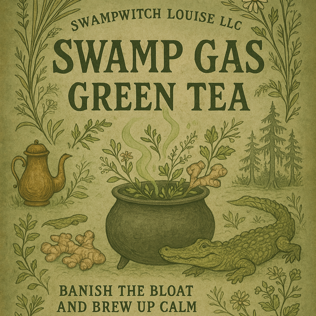 Product packaging for Swamp Gas Green Tea featuring illustrations of a tea pot, herbs, and plants with text detailing the product as a soothing detox blend.