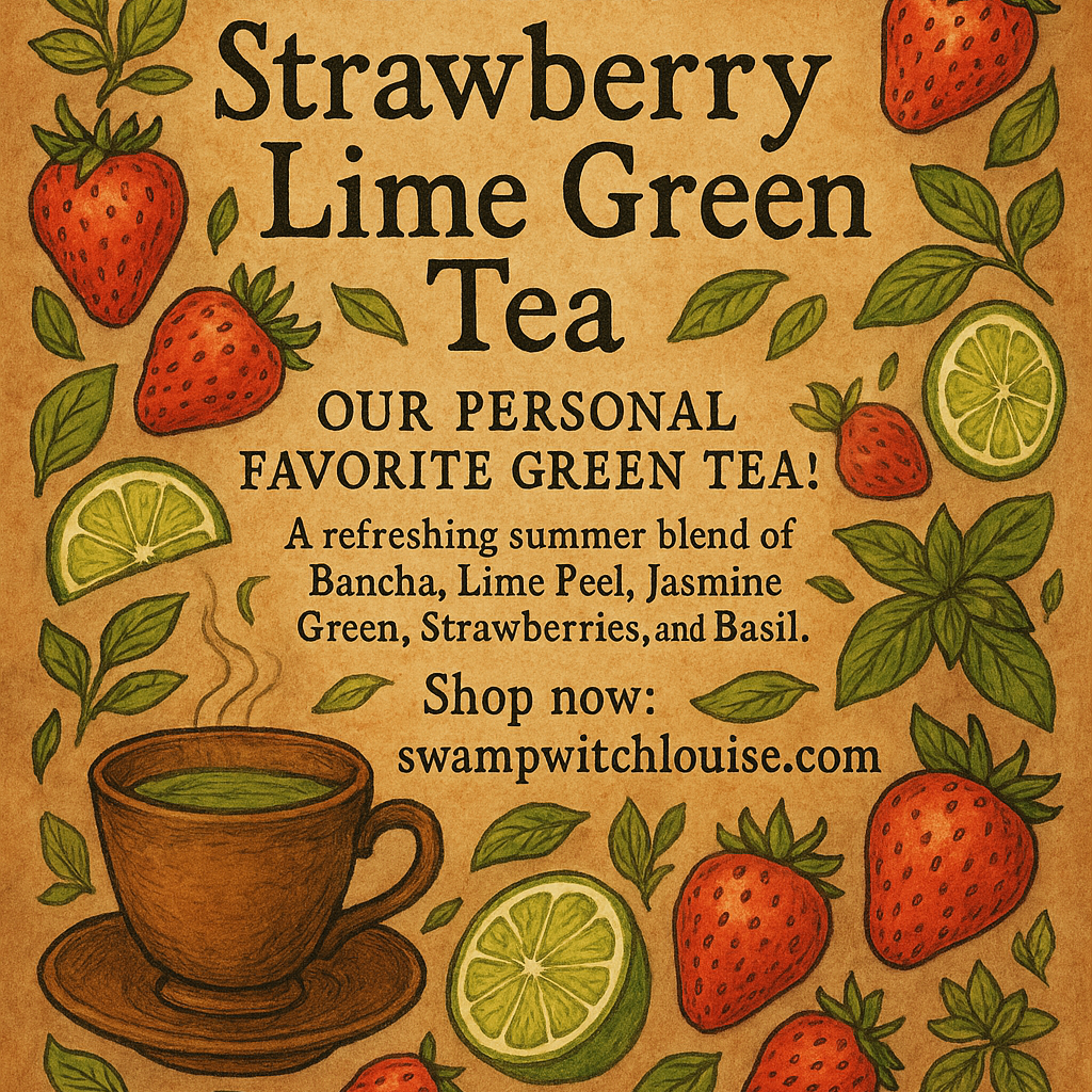 Product advertisement for SwampWitch Louise LLC Strawberry Lime Green Tea showing a cup of tea, strawberries, limes, and a teapot with the text 'Shop now: swampwitchlouise.com'.
