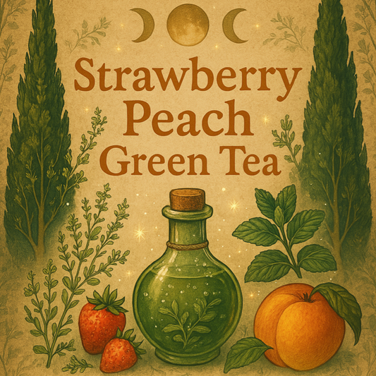Product label for Strawberry Peach Green Tea by Swampwitch Louise LLC featuring illustrations of strawberries, peaches, and herbs, along with a bottle and moon phases.
