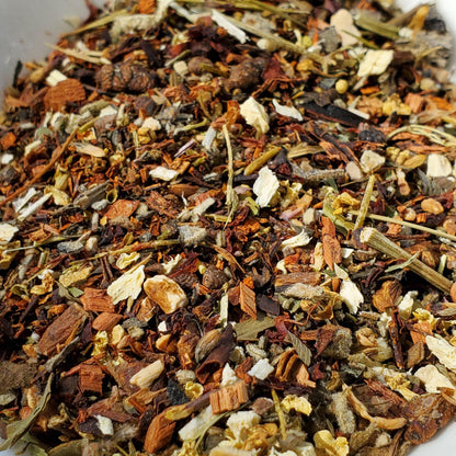Assorted dried herbs and leaves in a white bowl