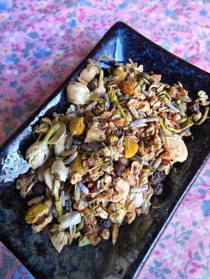 Loose-leaf rooibos and lavender blend for calming tea rituals.