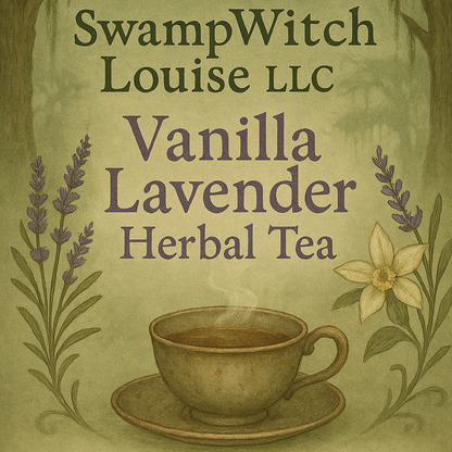 A cup of herbal tea with vanilla and lavender, with additional herbs like lemongrass and jasmine depicted in the background.